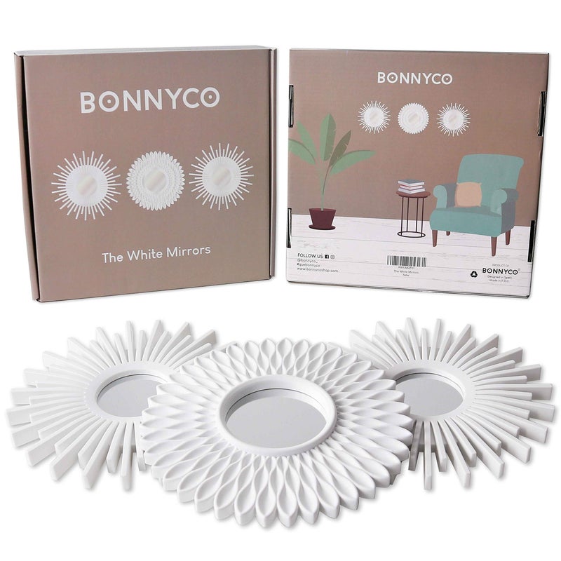 BONNYCO حزمة من 3 مرايا حائط بونيكو، مرايا بيضاء دائرية لتزيين المنزل، غرفة النوم والغرفة. مرايا زخرفية حائطية لغرفة المعيشة وغرفة النوم، ديكور حائط دائري بسيط وعتيق، أنيق. هدايا للنساء والأمهات. - Image 2